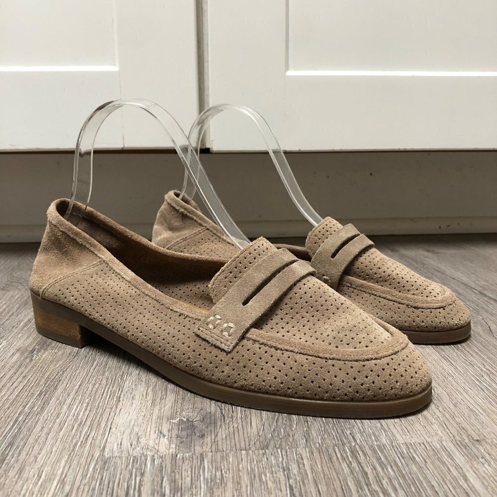 Lucky Brand Women's Size 7.5 Loafers Genuine Suede Leather Perforated Tan Flats